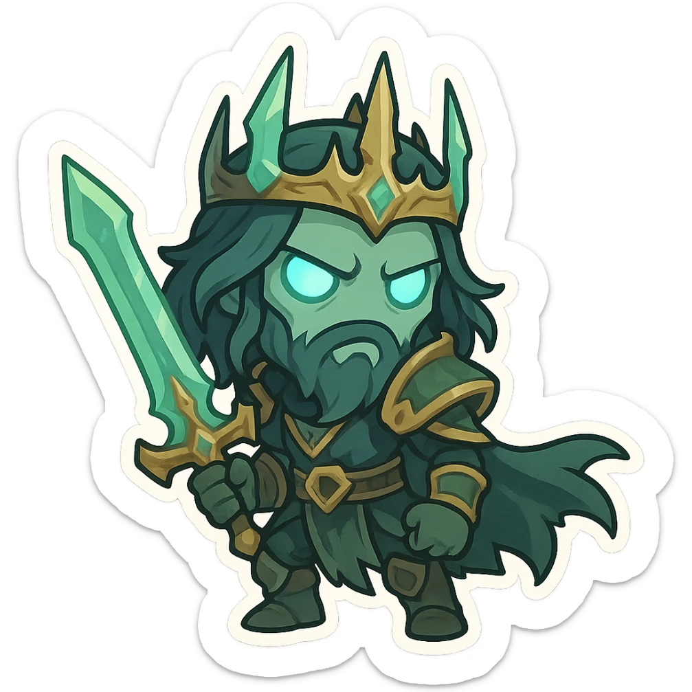 The Ruined King from League of Legends, chibi style, holding his sword, glowing eyes, no text, emoji or icon style sticker