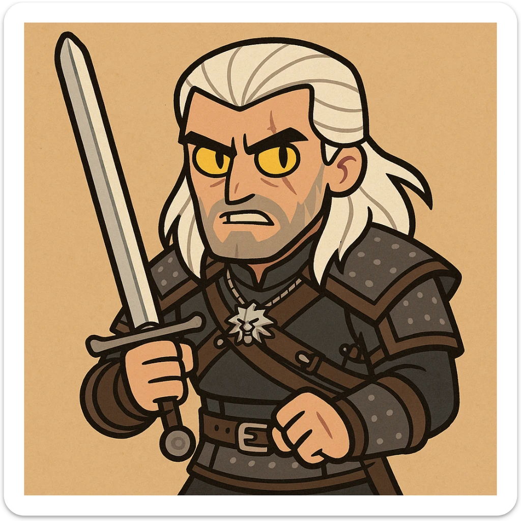 Geralt of Rivia, white hair, yellow cat eyes, holding a silver sword, stylized cartoon style sticker
