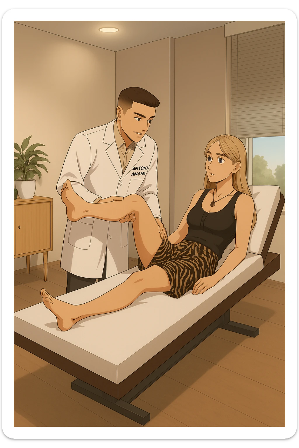 fai un webtoon/manga a colori con questo kinesiologo in camice bianco (fagli la scritta "ANTONIO ANANIA" SUL CAMICE) CHE SVOLGE UN TEST NEUROMUSCOLARE SOLLEVANDO UNA GAMBA ALLA RAGAZZA CHE è STESA SU UN LETTINO BIANCO. STANZA SEMPLICE E MODERNA, DURANTE IL TEST I DUE DIALOGANO TRA LORO. NON FARE I FUMETTI, FAI SOLO LORO COME SE DIALOGASSERO sticker