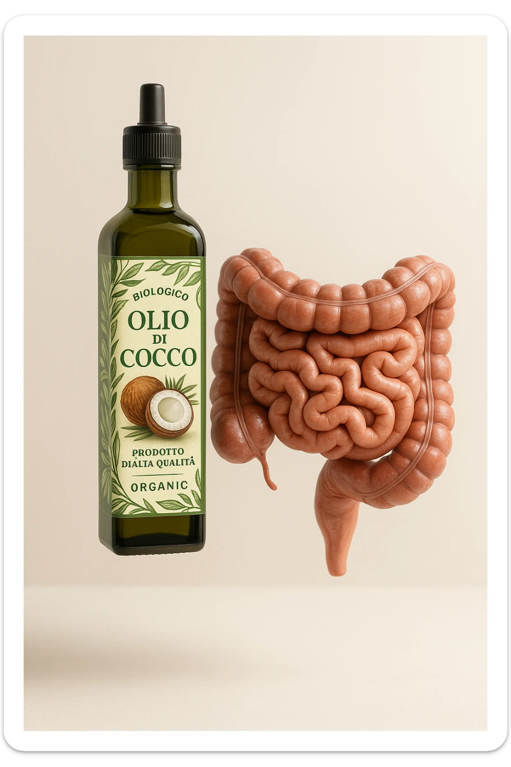 BOCCETTA DI OLIO DI COCCO BIOLOGICO (FAI UN ETICHETTA SUL PRODOTTO IN ITALIANO) CHE FLUTTUA IN ARIA INSIEME A UN INTESTINO UMANO ANATOMICO IN PERFETTA SALUTE, SFONDO CHIARO, iperrealistico 4k sticker