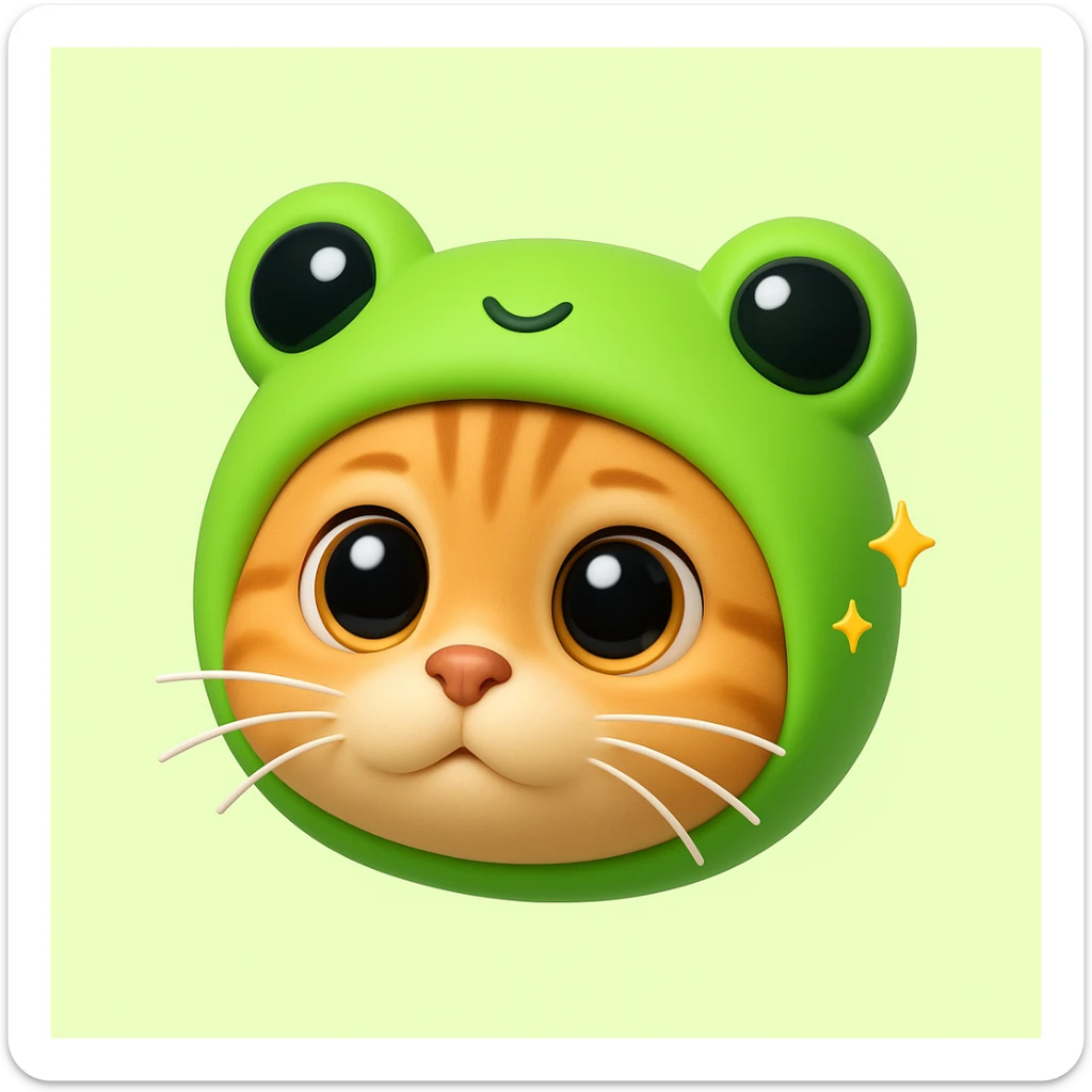 3D iOS style emoji of a cat wearing a green frog hat, mimicking the colors and composition of the reference image. sticker