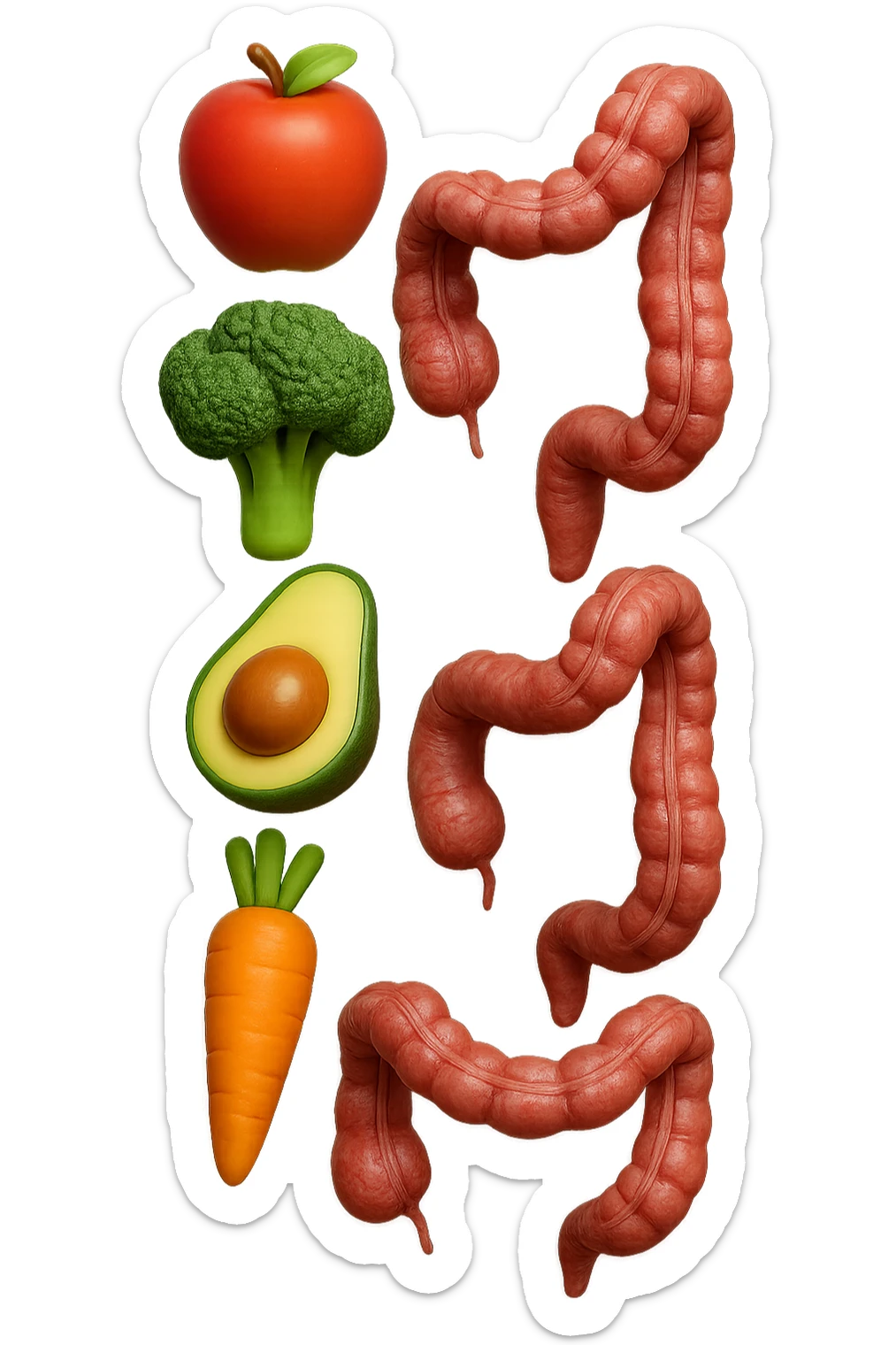 emoji stile iphone in 3d di cibo sano che fluttua in aria vericalmente insieme ùa pezzi di colon umano anatomico, iperrealistico 4k sticker