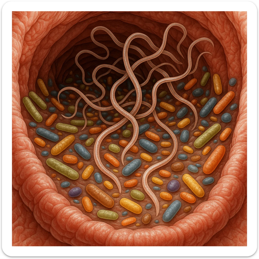 a medical illustration of a human realistic gut with bacteria and virus like worms sticker