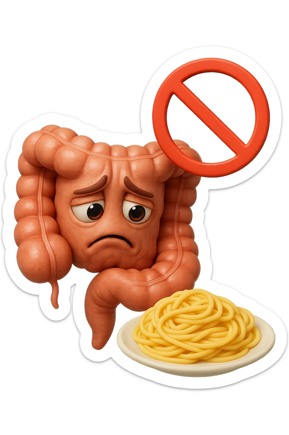 EMOJI STILE IPHONE DI un intestino umano anatomico triste mentre guarda un piatto di pasta con divieto 3d sopra: non la può mangiare, fagli anche la parte bianca degli occhi, non solo le pupille, REALISTICo 4K sticker