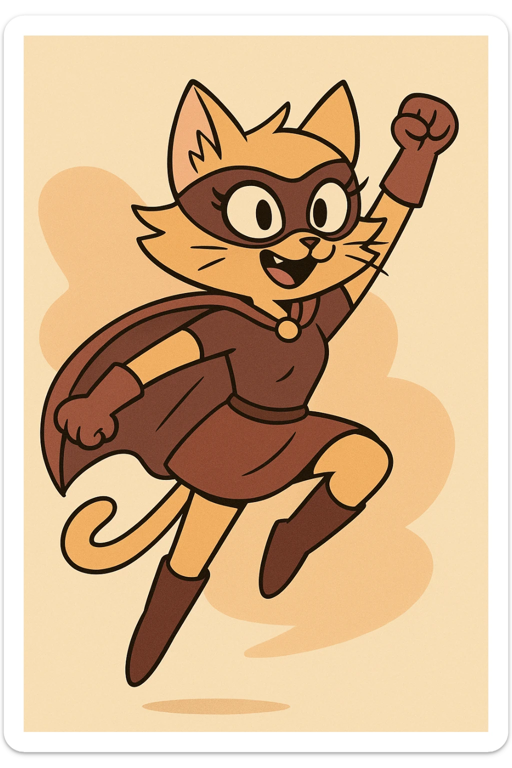 cat superhero girl, leaping in action, mask, cape, playful and brave, cartoon style sticker