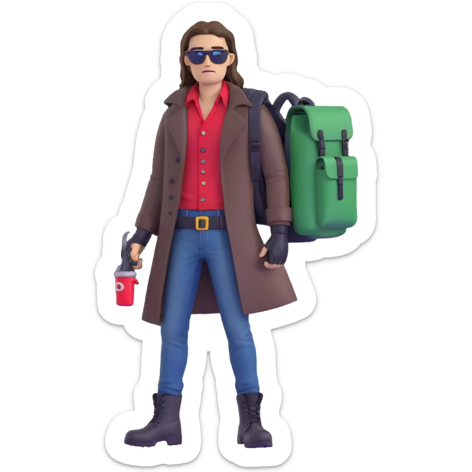Man with long brown hair, brown goatie, sunglasses, wearing red button up shirt with a sling horizontally across the torso, wearing a black trenchcoat, blue jeans, long black military boots, red fingerless gloves, green backpack sticker