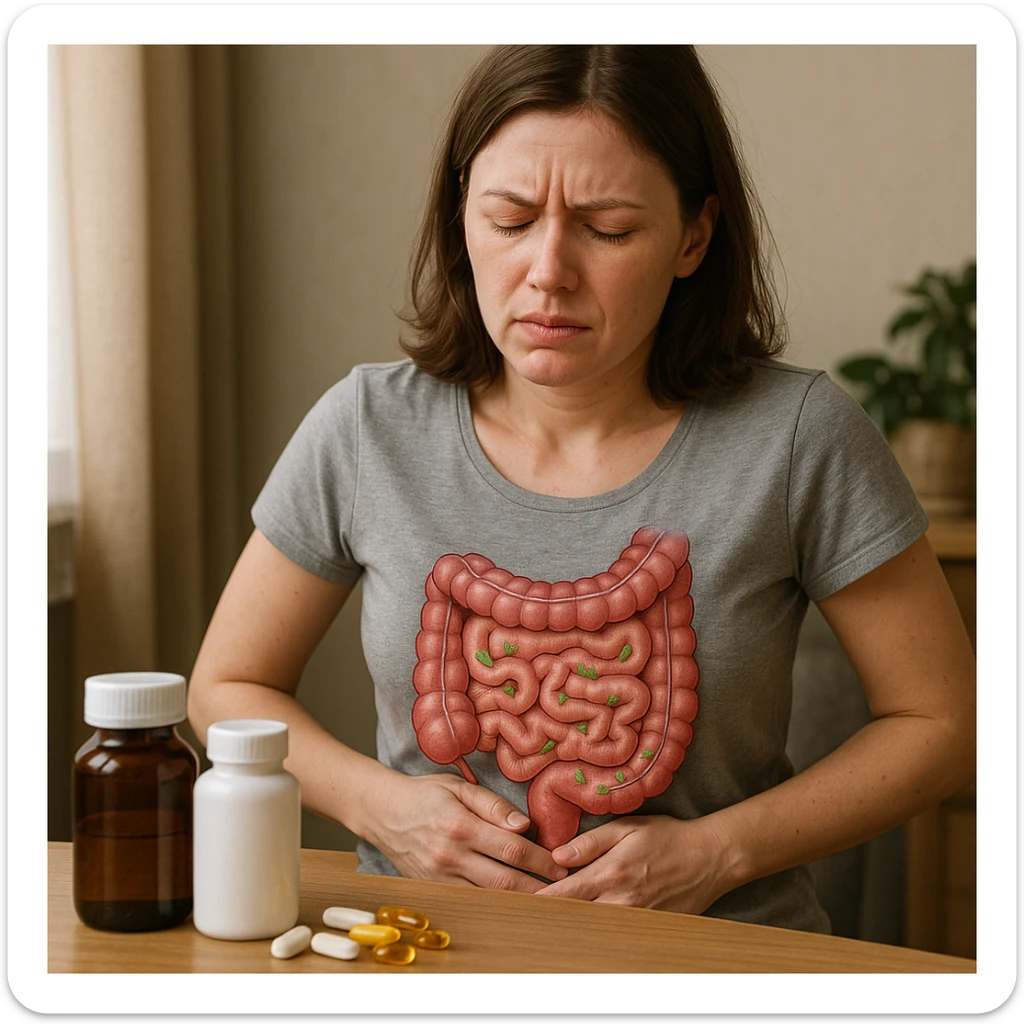 realistic style woman showing abdominal discomfort due to dysbiosis from wrong supplements, anatomical details, supplements on table, everyday atmosphere sticker