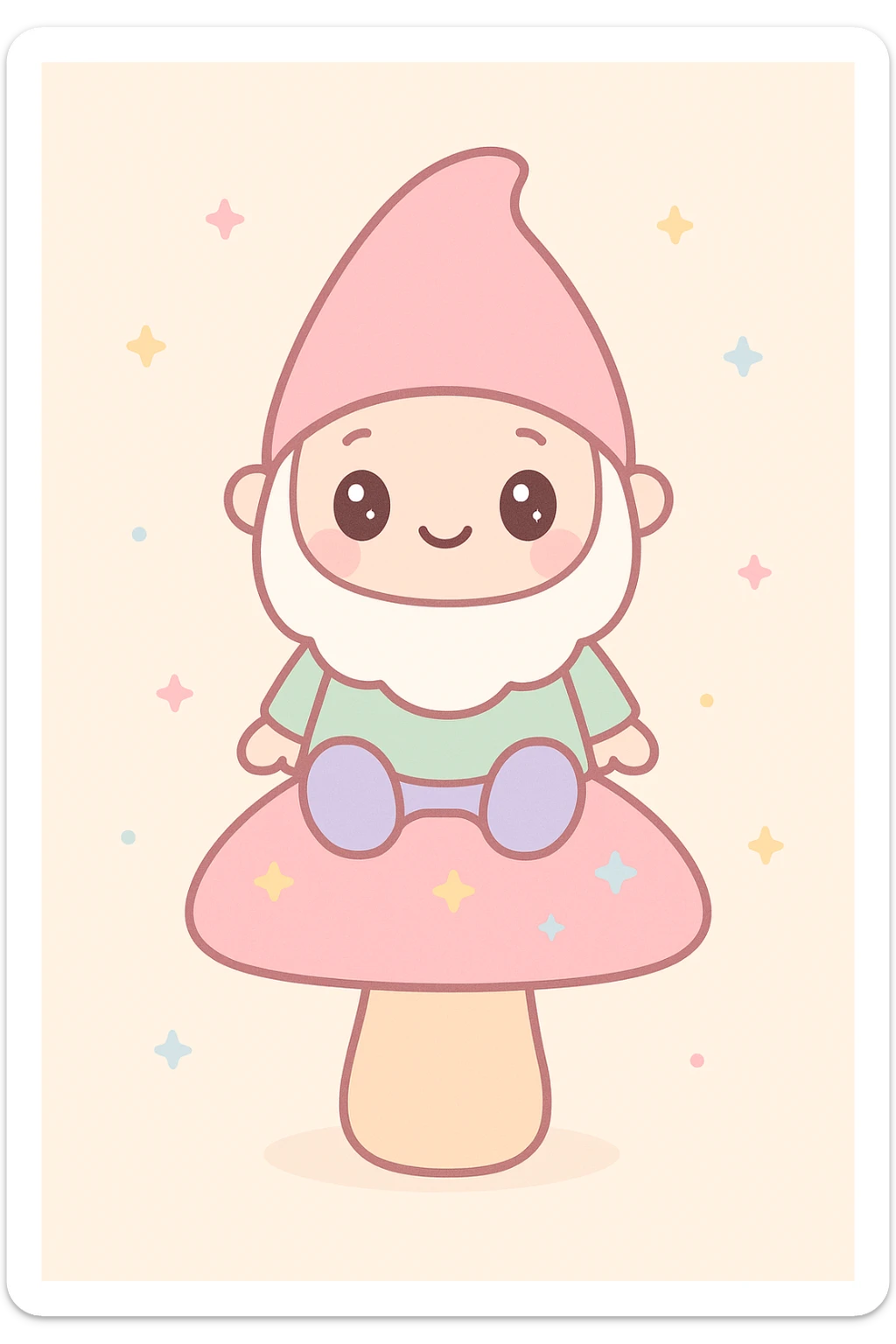 cute garden gnome, sitting on a mushroom, kawaii style, adorable, colorful, charming sticker