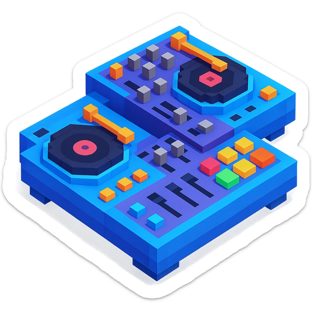 detailed DJ equipment close-up with turntables, mixer, and glowing buttons sticker