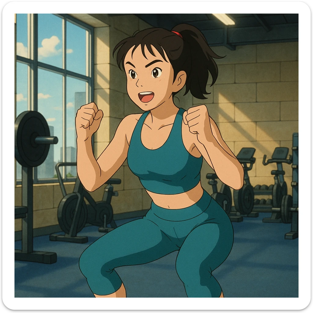 Asian woman doing a routine workout, energetic, fitness attire, gym background sticker