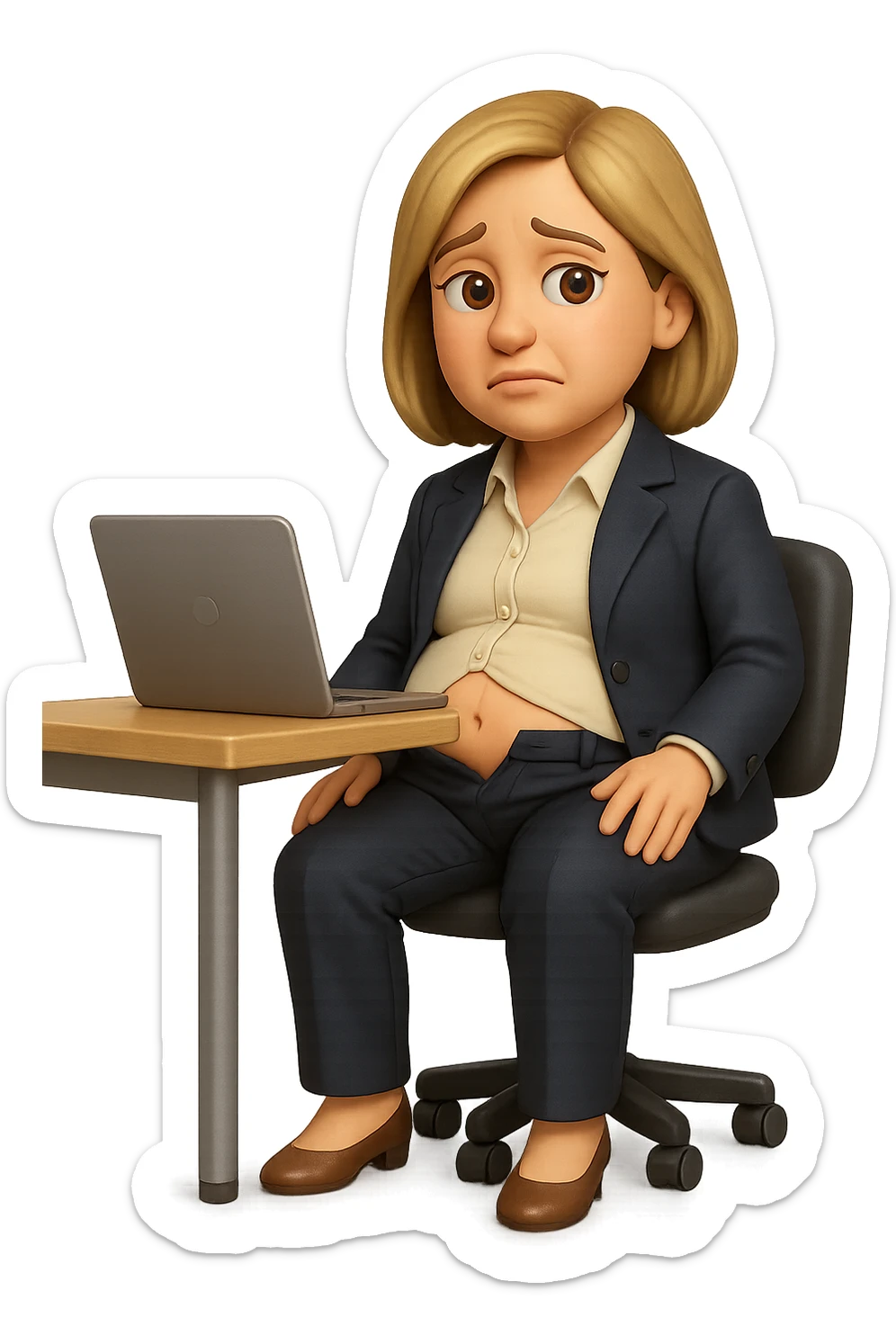 emoji stile iphone di una donna seduta alla scrivania dell'ufficio in completo elegante con i pantaloni sbottonati perché ha la pancia gonfia, falla a corpo intero, iperrealistico 4k sticker