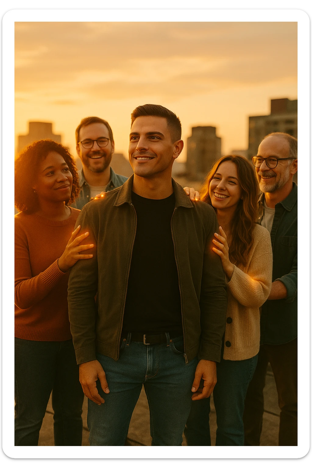 A cinematic scene of a man in his early 30s standing at the center of a sunlit urban rooftop during golden hour, surrounded by a diverse group of supportive, smiling people — friends, mentors, colleagues. They’re standing slightly behind or beside him, hands on his shoulder or gesturing toward him with encouragement. The man looks forward with a confident, inspired expression, body slightly relaxed, as if something inside di lui sta cambiando. The light behind the group forms a halo effect, emphasizing warmth and unity. Subtle visual symbolism: faint glow around their hands and hearts, suggesting their energy is uplifting him. Realistic clothing, modern style — jeans, T-shirts, casual jackets. The mood is inspiring, grounded, and full of potential. Shot in 35mm film style, with rich warm tones, shallow depth of field, and vibrant human detail. sticker