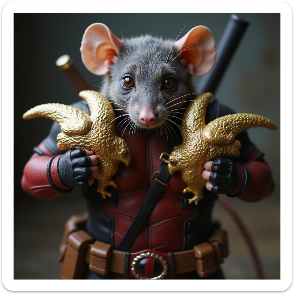 A lifelike rat as Deadpool, gripping two gold Deagles, detailed and realistic style, moody background. sticker