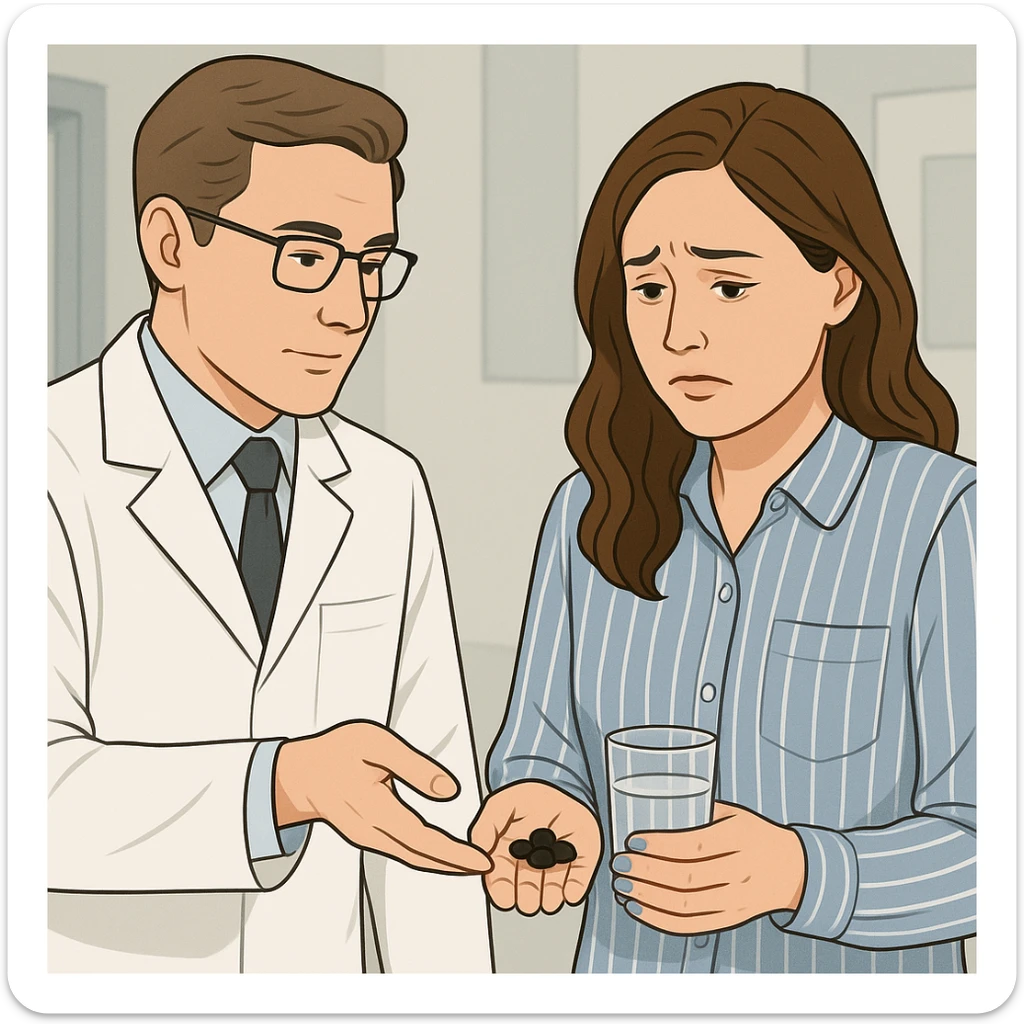A realistic or illustrative style image of a doctor in a white coat handing medicine to a worried woman holding pills. The background is clinical, inspired by the reference image. sticker