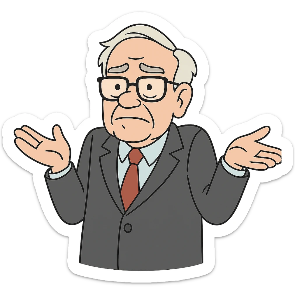 Warren Buffett shrugging his shoulders, unsure, wearing glasses and a suit, cartoon style sticker
