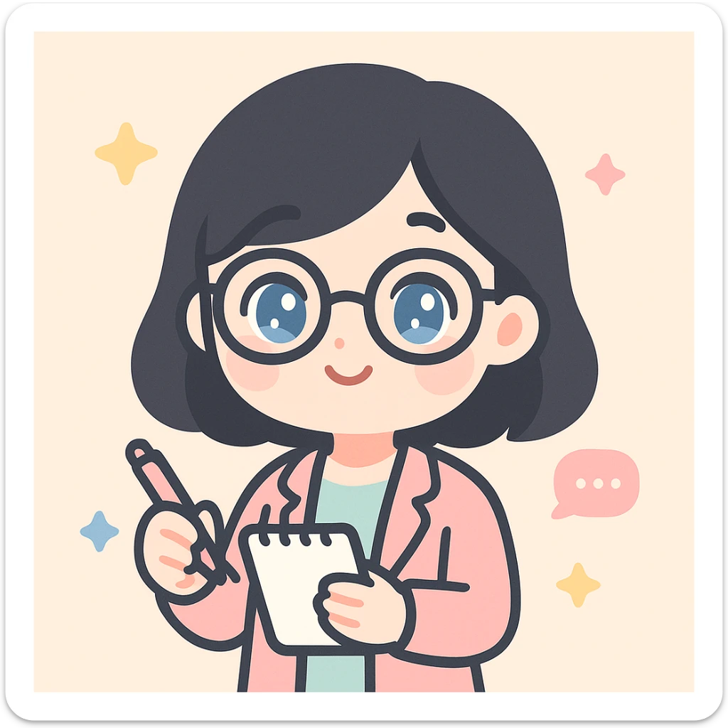 young woman journalist with black hair, blue eyes, and glasses, holding a notepad and pen, looking attentive and ready to take notes, kawaii style sticker
