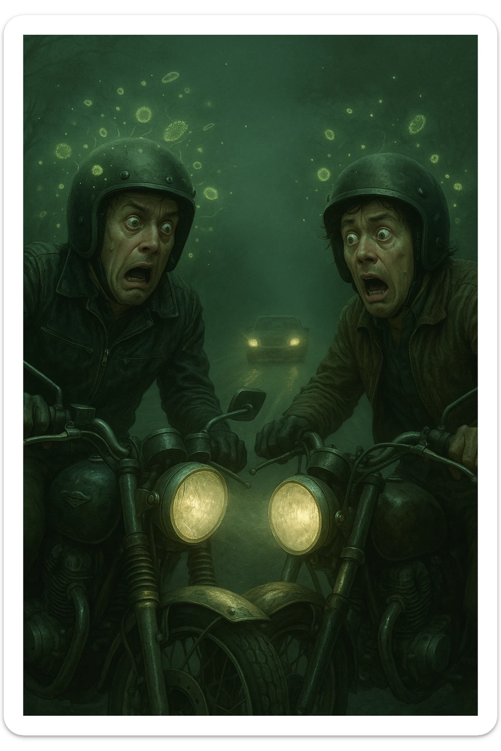 motociclisti spaventati perchè stanno per avere incidente a causa dell'infezione Toxoplasma che altera le loro menti sticker