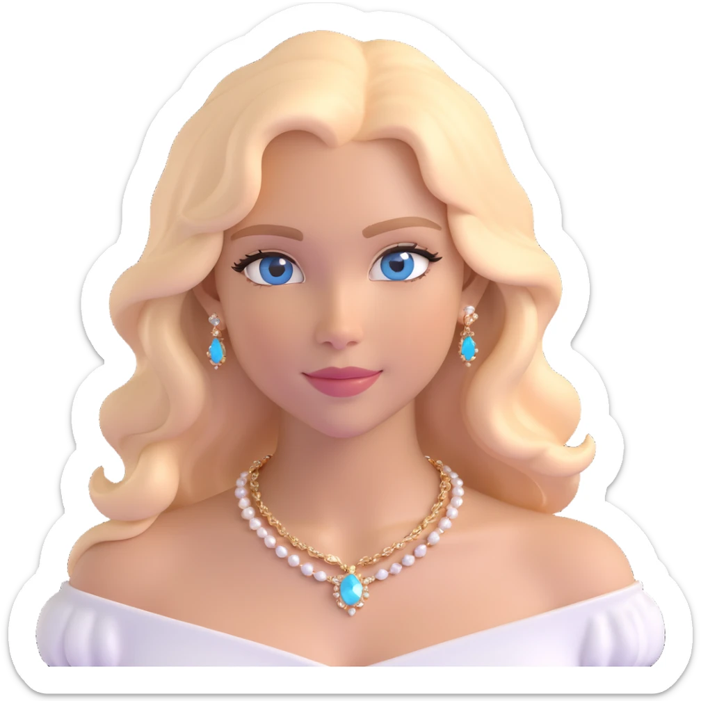 emoji of a girl with long soft wavy blond hair, blue eyes, light tan skin, gentle smile with light peach glossy lips, wearing a Bardot collar white top and a gold necklace with white jewels sticker
