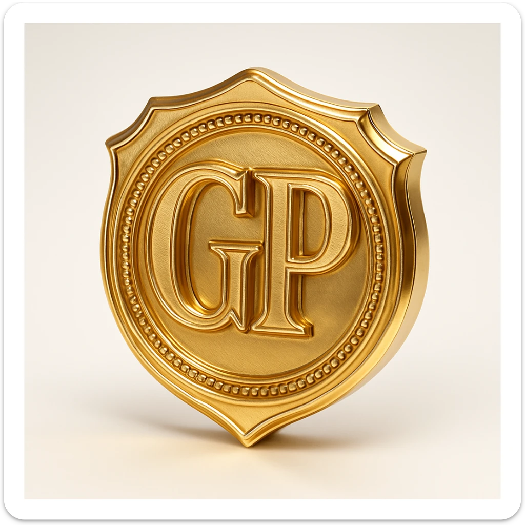 gold emblem with the letters GP in the center, elegant and shiny, with intricate details, in gold objects style sticker