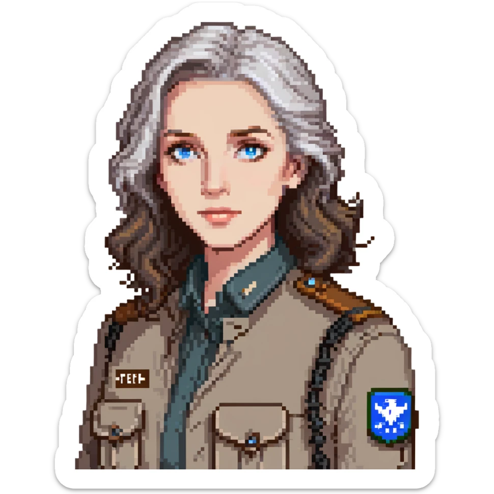 white woman park ranger with blue eyes and brown and gray hair sticker