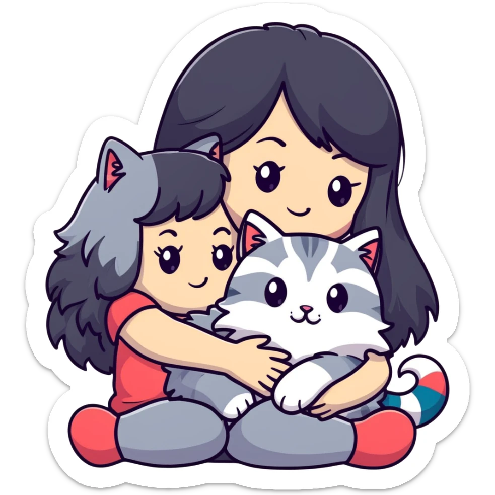 Girl with long black hair hugging a gray fluffy plush toy and a tricolor Maine Coon cat sticker
