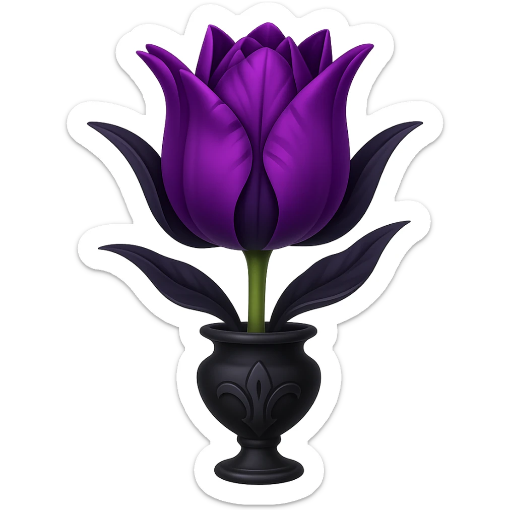 Add a gothic vase under the goth tulip in the style of apple emojis, keeping the background transparent. The style should mimic the apple emoji aesthetic with clean, colorful, and smooth shading typical of apple emojis. sticker