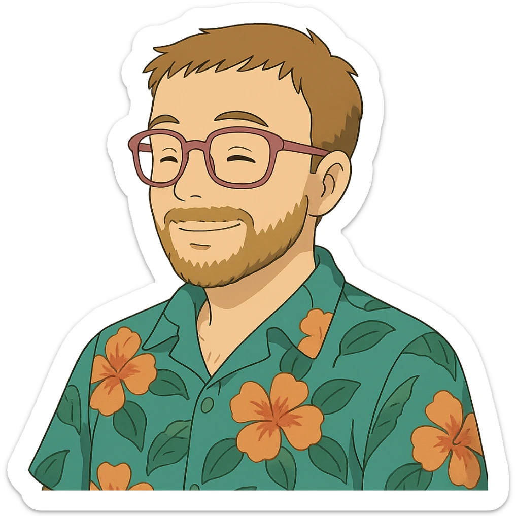 man with light skin tone, short light brown hair and beard, wearing a Hawaiian shirt and pink glasses sticker