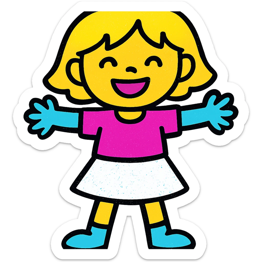 chica con pelo corto, falda blanca y top rosa, estilo ilustración colorida sticker
