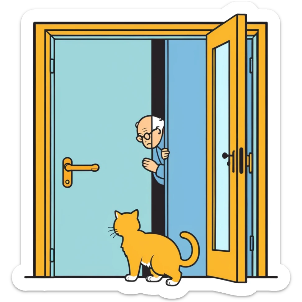  old blind man opening and closing the door four ￼his golden cat  sticker
