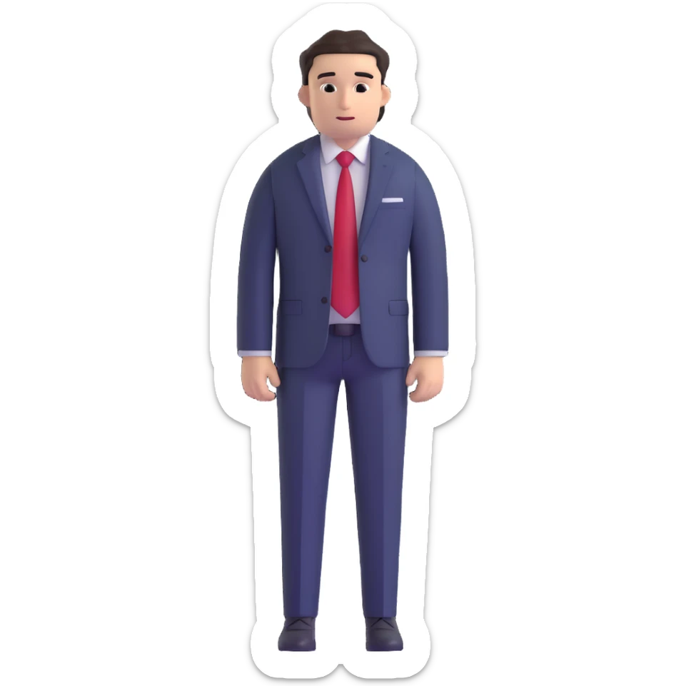 man wearing a dark blue-gray business suit with black horizontal stripes on the arms and legs, white shirt and red tie sticker