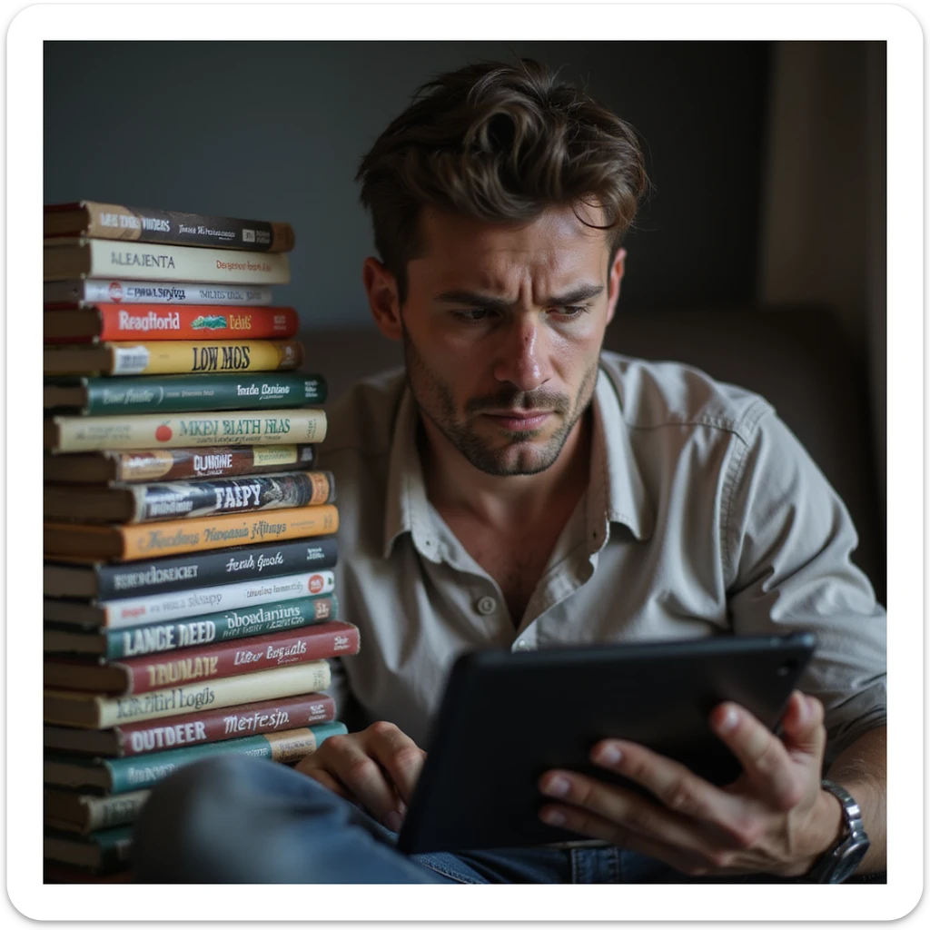 man seeking motivation watching fitness videos on a tablet with a pile of food diaries full of failed attempts next to him, tired expression, 4K details sticker