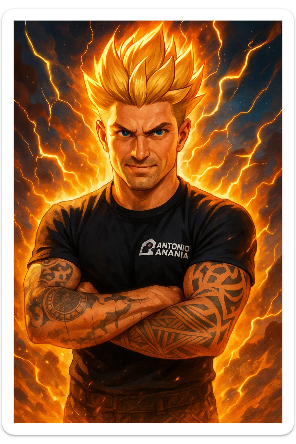 a muscular man with spiky hair stands in a powerful pose, surrounded by a glowing, fiery aura reminiscent of Goku’s Super Saiyan transformation. His eyes are intense and determined, and his body radiates energy and confidence. Lightning bolts and energy waves crackle around him, symbolizing a surge of testosterone and vitality. The background is dramatic, with swirling clouds and vibrant colors. sticker