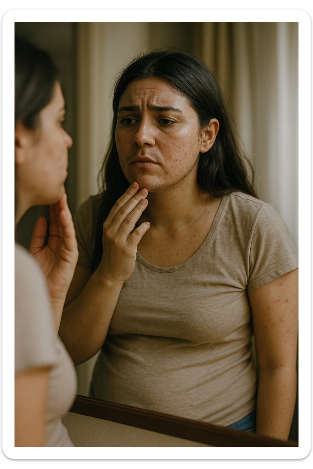 A realistic, cinematic portrait of a young woman in her late 20s standing in front of a mirror, visibly concerned while touching her chin and jawline where small dark facial hairs are noticeable, indicating hirsutism. Her skin appears oily, with a few cystic acne spots on her cheeks and jaw, and her dark hair is slightly greasy, indicating increased sebum production due to androgen excess. Her body shows mild abdominal bloating, and she looks at herself with a mix of frustration and sadness, capturing the emotional struggle linked to PCOS. The scene is set in a softly lit bedroom or bathroom with neutral daylight, with a clear mirror reflection to emphasize self-observation and discomfort. Style: realistic 35mm cinematic look, soft focus on her face and hair details, warm tones to keep it human and relatable sticker
