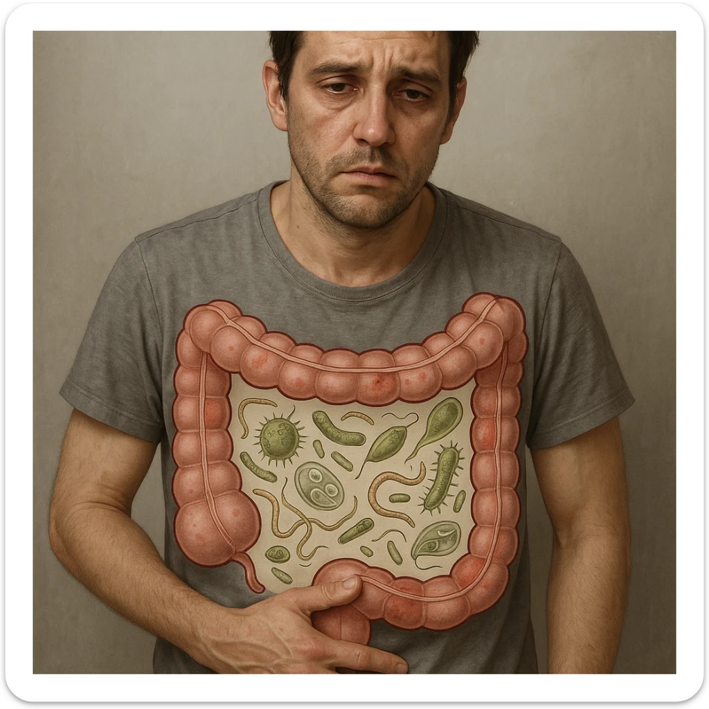 Realistic style with medical elements of a 35-year-old man, tired and tense face, hand on abdomen, sunken eyes, dull skin. Transparent illustrations on the abdomen of parasites and bacteria in imbalance, schematic intestine as in a medical study. sticker