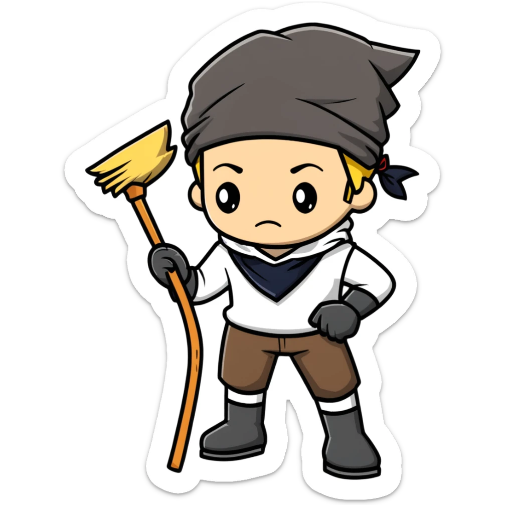 Levi Ackerman cleaning with bandana over hair, gloves, holding broom, annoyed expression sticker