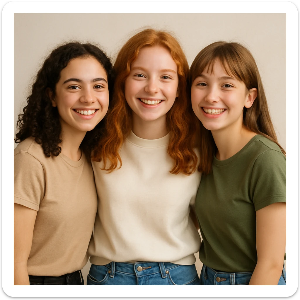 three girls standing together in a friendly group pose, left girl with light skin, curly brown hair, brown eyes; center girl with light skin, wavy orange hair, light brown eyes; right girl with light skin, light brown hair with bangs, brown eyes sticker