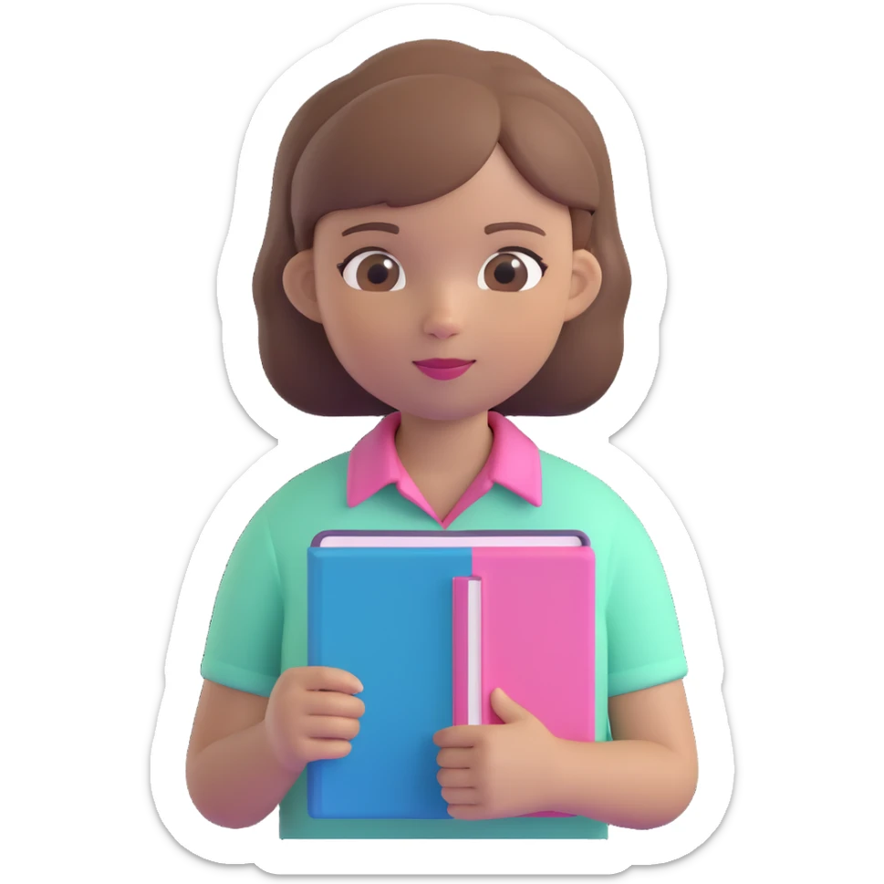 A girl with short light brown hair holding a pink book, wearing a mint shirt sticker