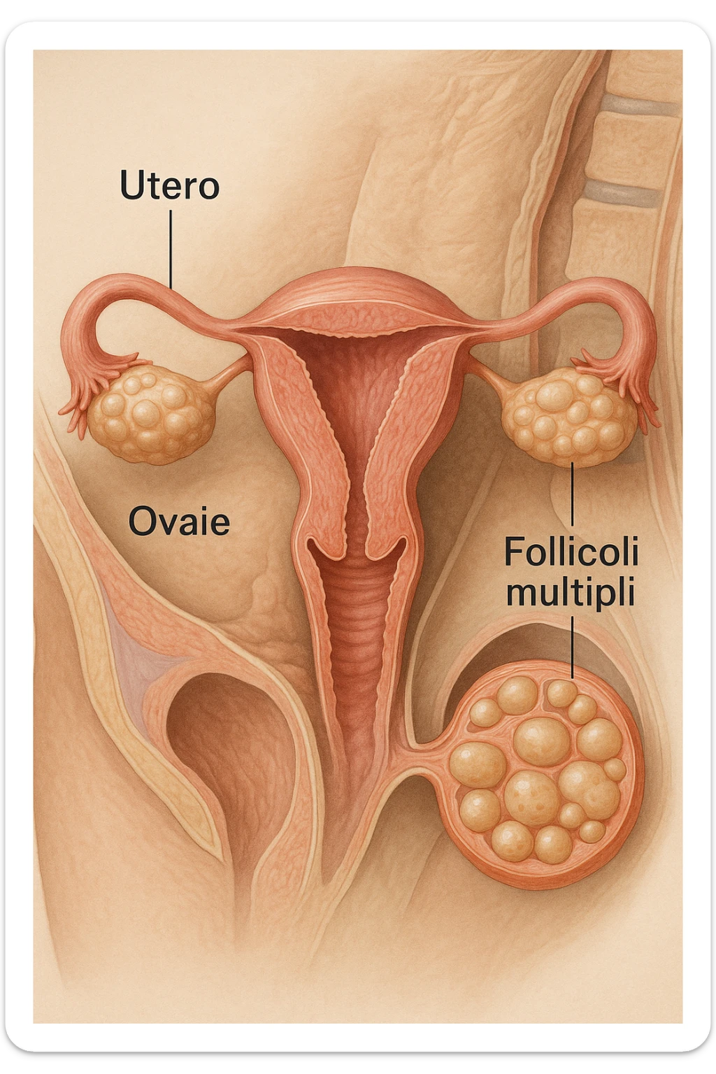 realistic 3D medical image of PCOS in anatomical section, ovaries with many follicles, uterus and ovaries highlighted, clinical details, natural colors, Italian captions, aspect ratio 2:3 sticker