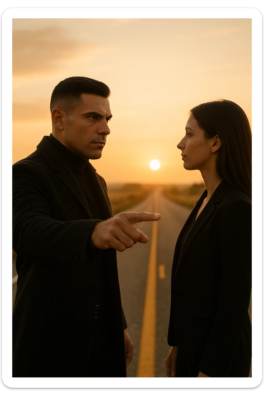 Cinematic photo of a confident man giving clear direction to a woman, standing in front of her with a firm but calm expression, pointing forward as if showing her the path to follow. The man is dressed in a dark jacket, embodying the role of a commander, while the woman looks at him attentively, ready to follow. The setting is an open road at sunrise with soft golden light, symbolizing new beginnings and leadership. Shot from a side angle, capturing both profiles with a clear view of his guiding gesture. sticker