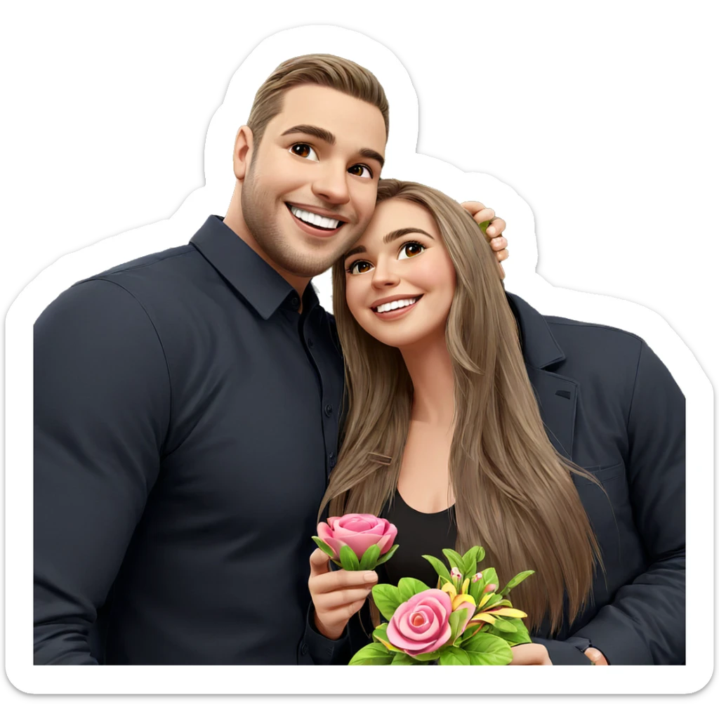smiling couple with flower sticker