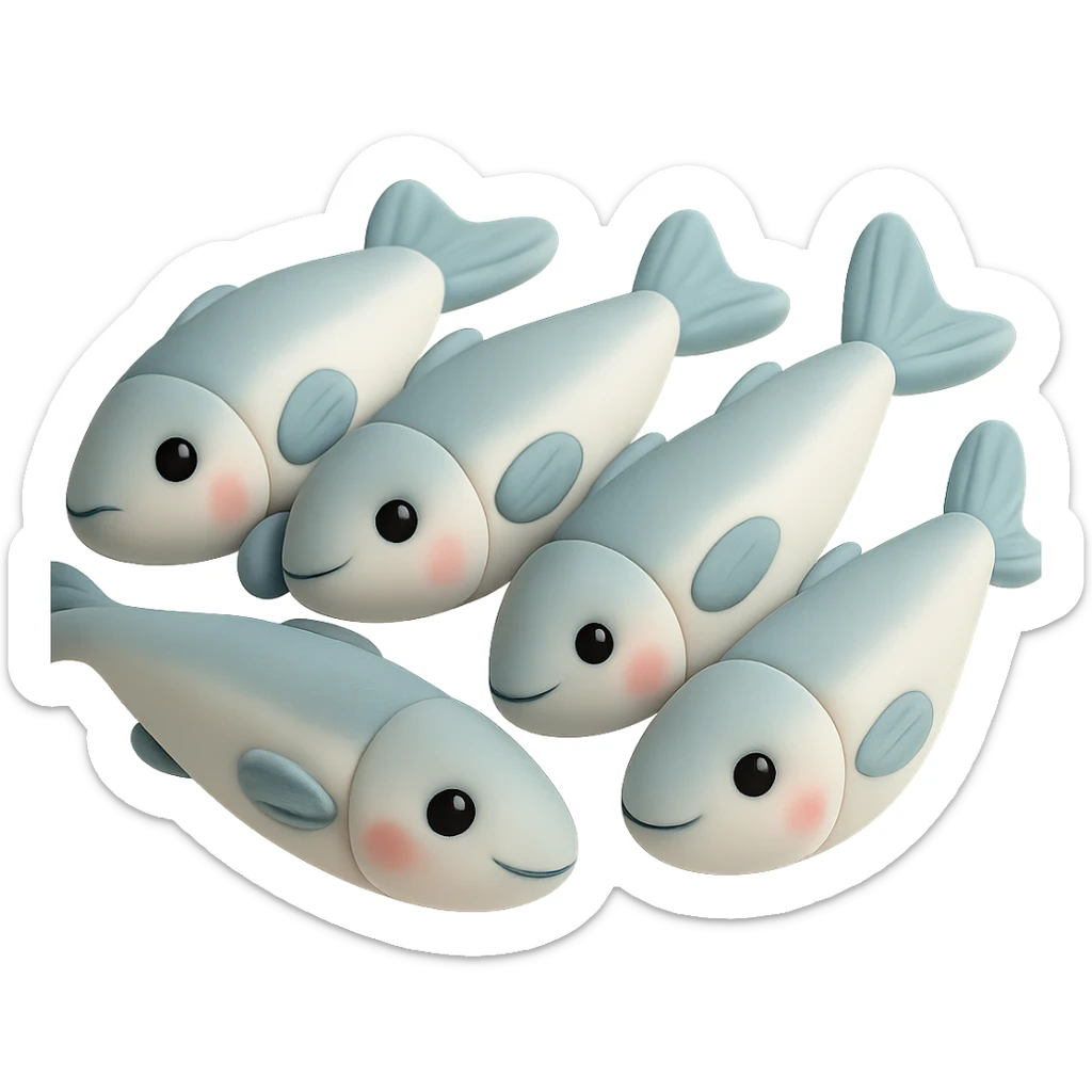 Edit the image to show a group of anchovies with cute faces in fondant cake art style, pastel palette, no background, and no text. sticker