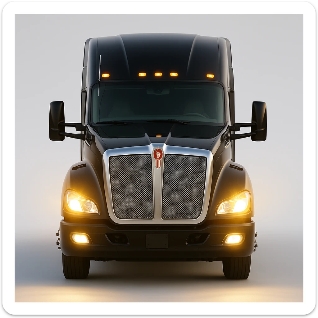 Realistic style close-up front view of a 2025 Kenworth T680 truck in black color with headlights on, detailed and lifelike. sticker