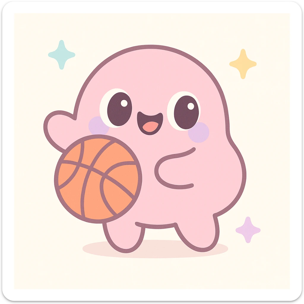 silly pink character holding a basketball, cute and playful expression, kawaii style sticker