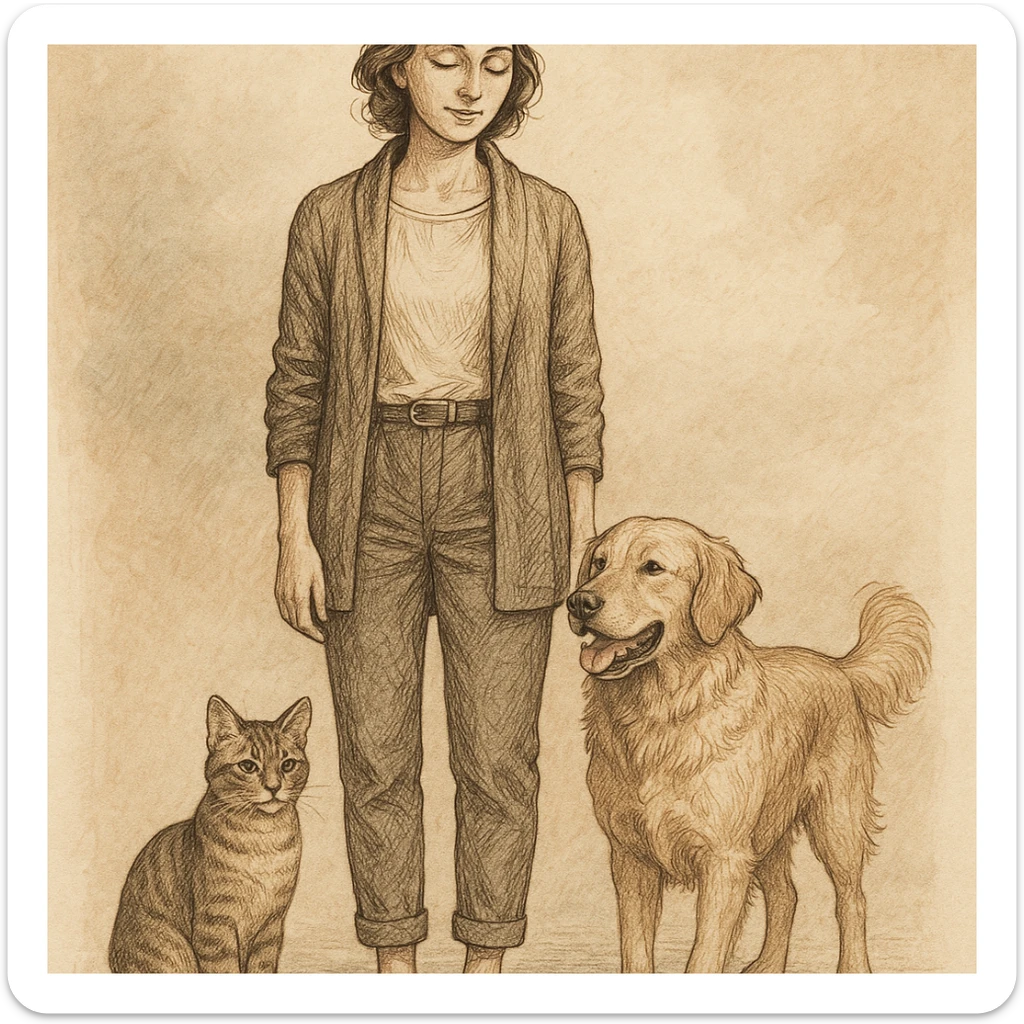 a woman standing with a cat and a dog near her on the right side, in a detailed and artistic illustration style sticker