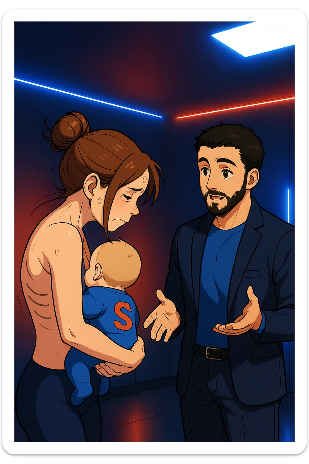 ispirati a questo stile di disegno e fai questa immagine in versione manga/webtoon a colori, il manga mostra la donna preoccupata di profilo con la postura sbagliata e incurvata, spalle chiuse e curve in avanti, con un neonato in braccio con una tutina azzurra e la scritta "S" sulla schiena, spina dorsale storta della donna in evidenza mentre ascolta l'uomo mentre l'uomo gli sta spiegando una cosa, ma non fare i fumetti, fai come se stessero parlando sticker