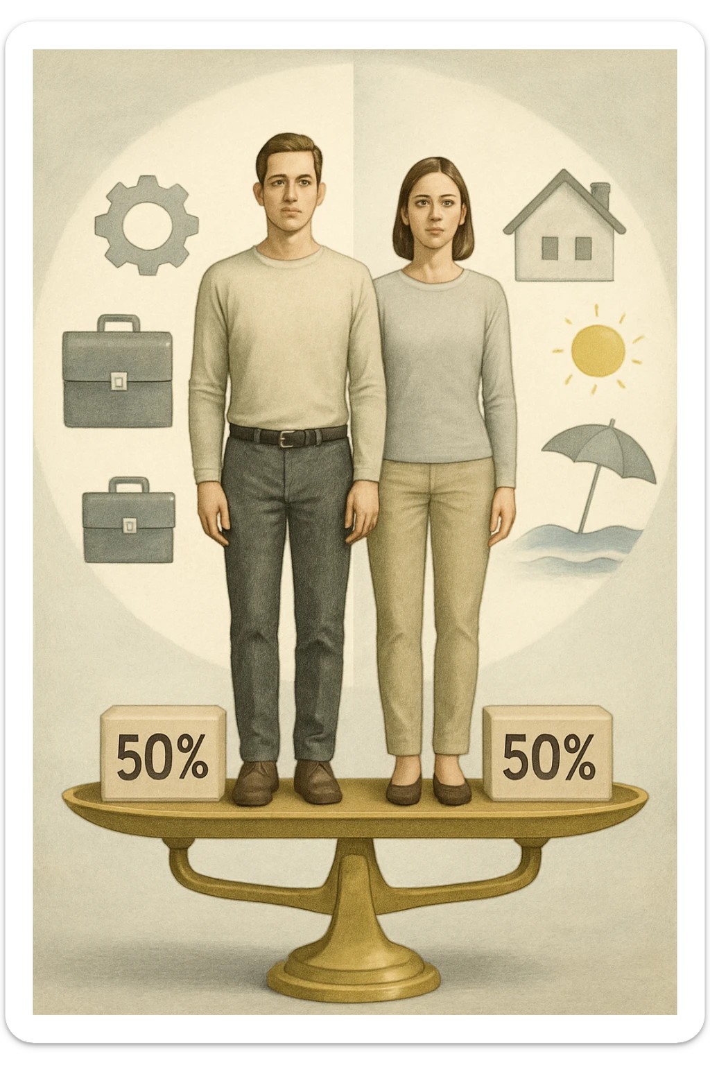 Uomo e donna in piedi l’uno accanto all’altra, al centro di una bilancia perfettamente in equilibrio. Entrambi vestiti in modo simile (moderno e neutro), con espressioni serene e rispettose. Sotto i loro piedi, due blocchi con scritto '50%' ciascuno. Sullo sfondo, elementi divisi simmetricamente: lavoro, famiglia, tempo libero, rappresentati equamente da entrambi. Atmosfera armoniosa, illuminazione equilibrata, colori neutri e simbolici (bianco, grigio, blu e oro). Stile realistico con accento simbolico sul concetto di equità sticker