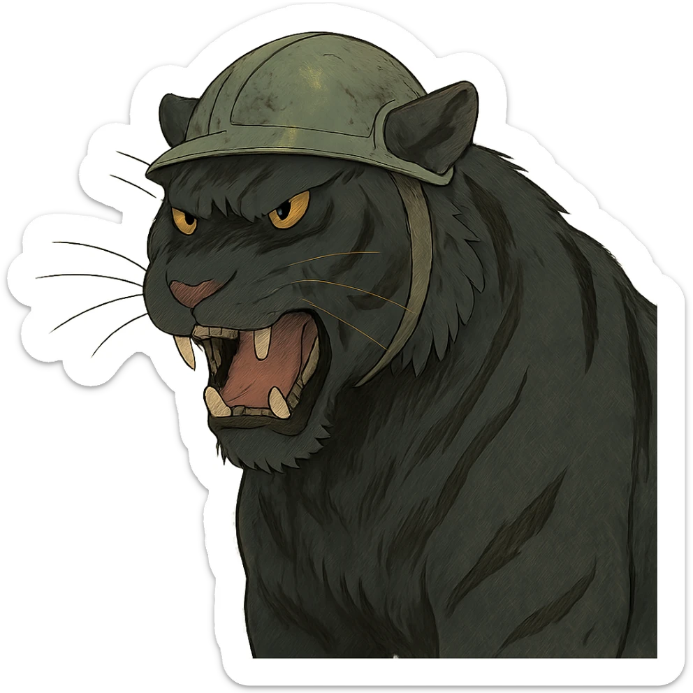 ghibli style illustration of a big black tiger, angry, wearing a helmet sticker