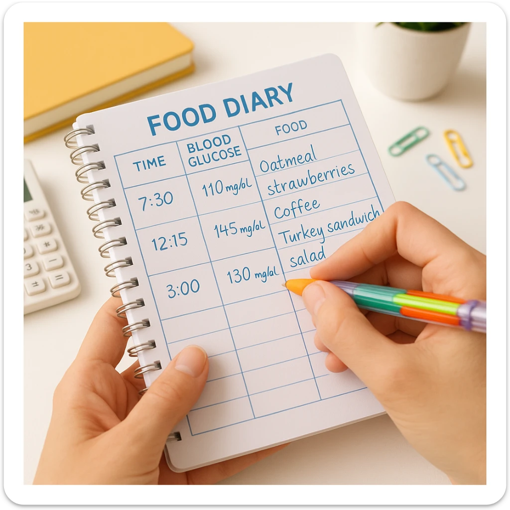 close-up of a female hand holding a food diary with notes on blood glucose and foods, colorful pen, organized atmosphere, realistic details, bright background sticker