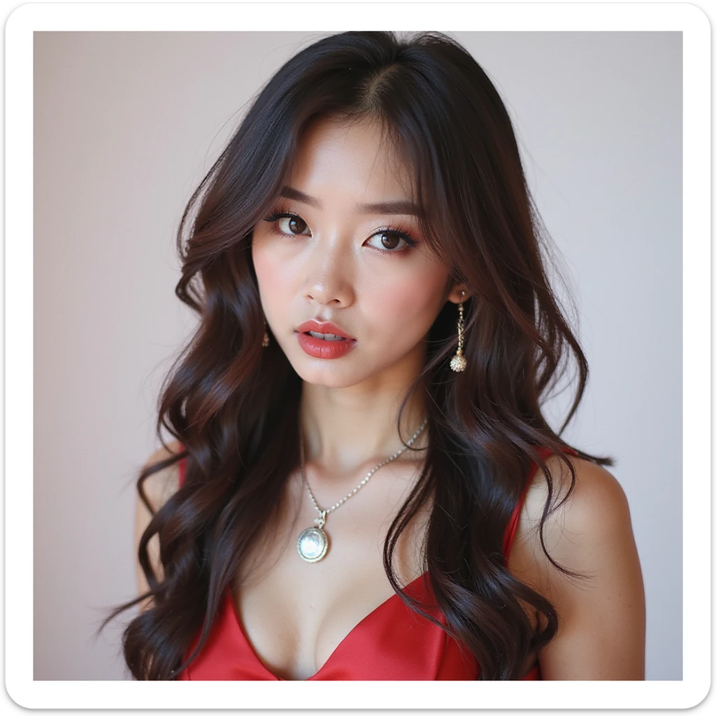 realistic portrait of a K-pop idol inspired by Blackpink, photorealistic style, glamorous makeup, fashionable outfit, energetic expression sticker