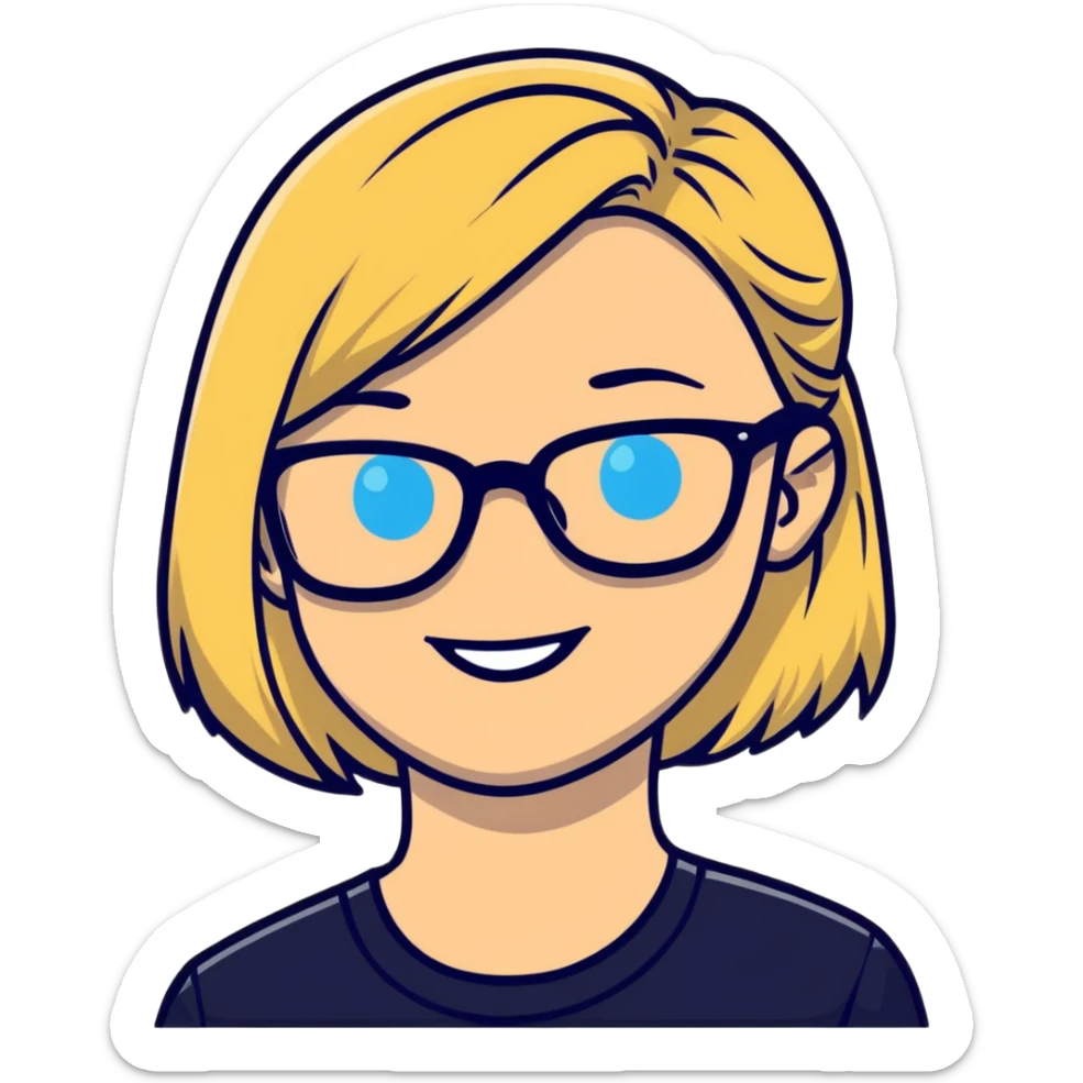 smiling blonde girl portrait blue eyes,  black glasses  sticker